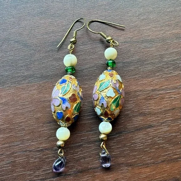 Vintage Gold Tone Floral Cloisonne Earrings with Shell Accents - Picture 3 of 4